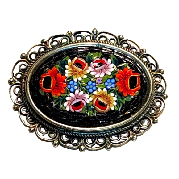 Vintage Early 70's Silver Tone Mozaic Handpainted Made in Italy Large Brooch - Picture 1 of 6